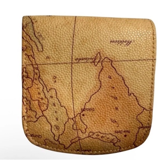 AE Allan Edward Map Print Geo Bifold Compact Wallet Leather Trim Tan - Picture 3 of 13